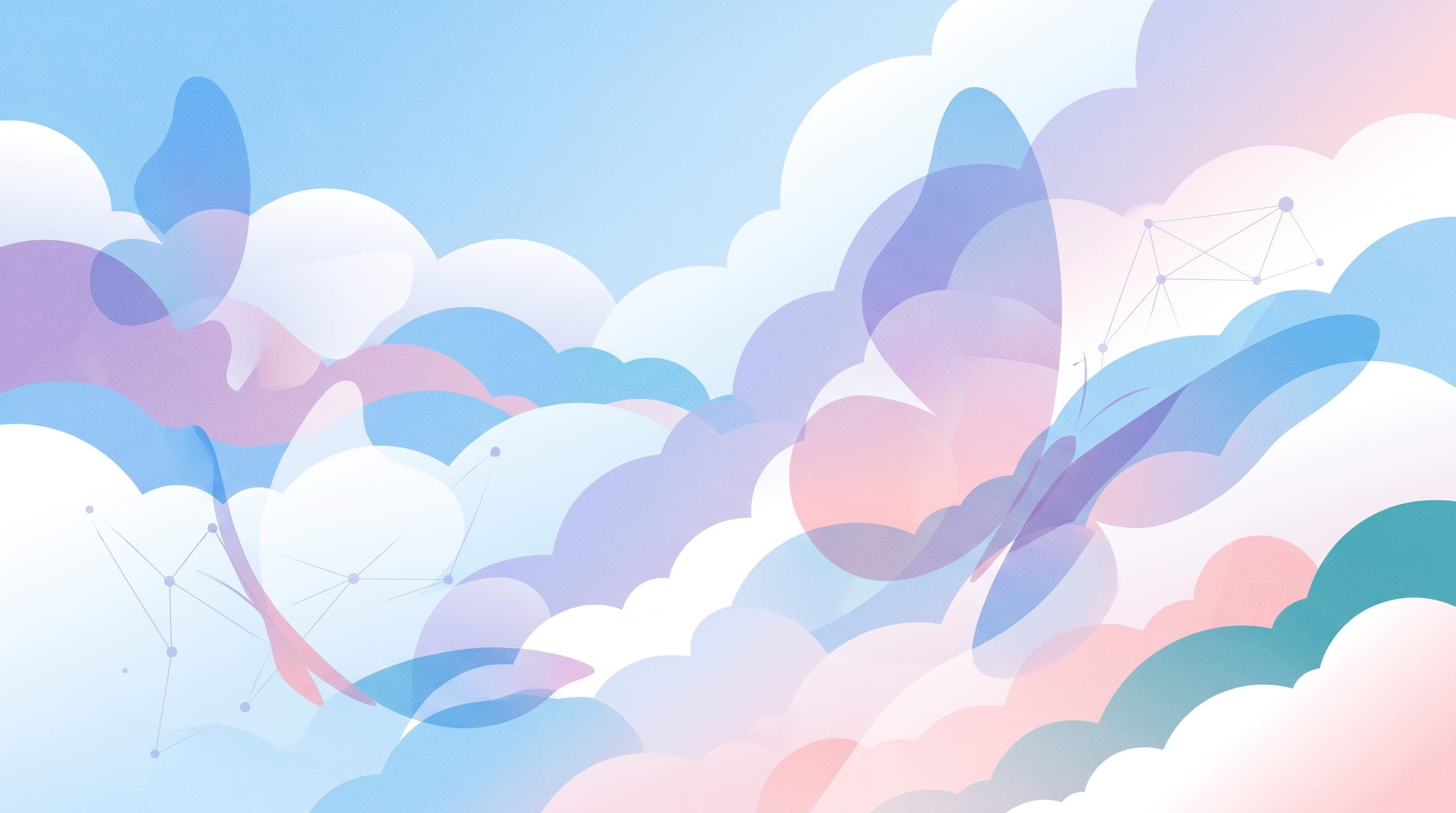 Editorial illustration of overlapping cloud-like forms and translucent butterfly-wing shapes in sky-blue, lavender, and dawn-pink tones, representing the AT Protocol's decentralised social architecture