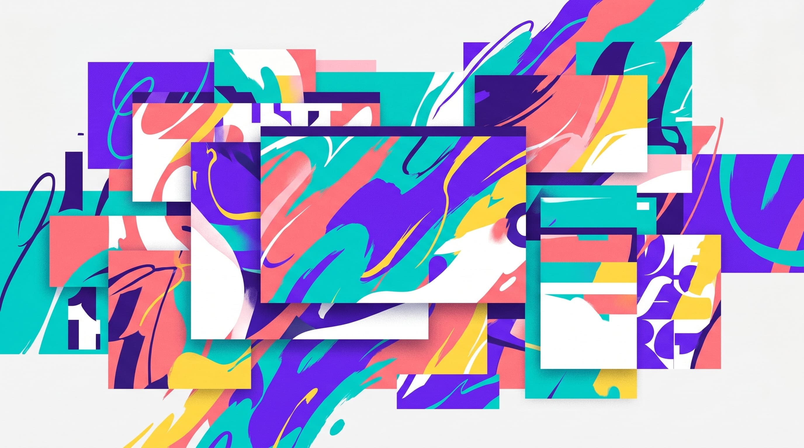 Editorial illustration of overlapping rectangular design-canvas shapes layered with paint-brush strokes and typographic fragments in purple, teal, coral, and yellow tones, representing Canva's visual design platform