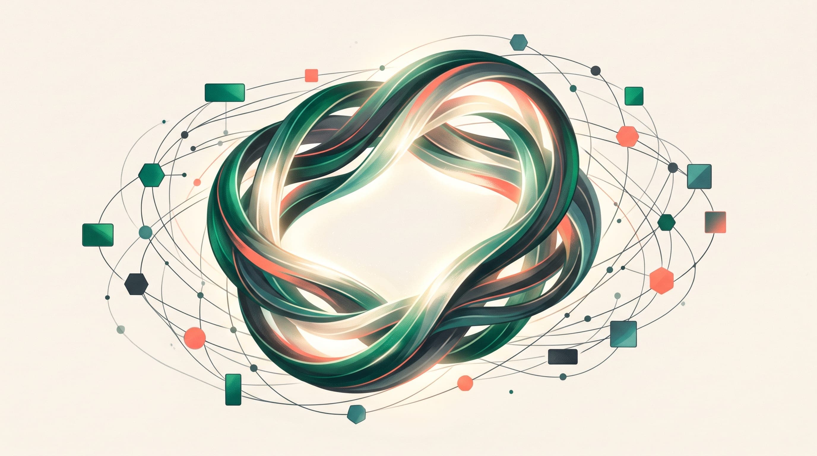 Emerald and teal abstract illustration of a luminous knot of interwoven ribbons with small orbiting geometric app tiles connected by fine lines, representing ChatGPT and its ecosystem of connected apps