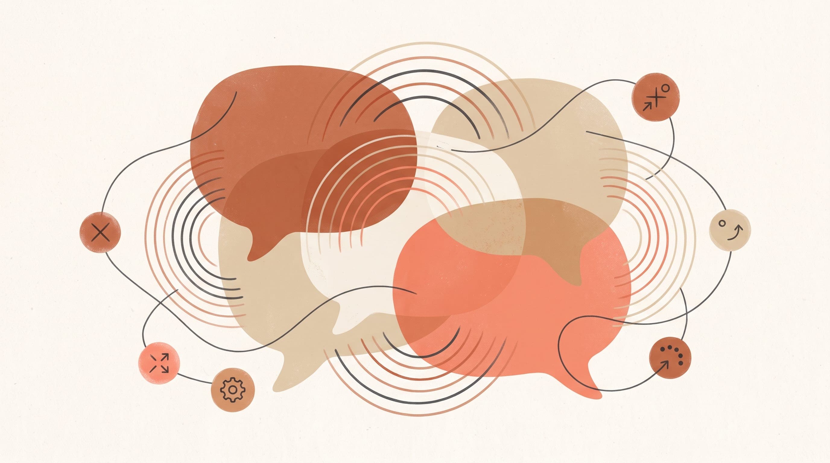 Warm terracotta and cream abstract illustration of overlapping speech-bubble shapes and concentric arcs linked by thin lines to small tool nodes, representing Claude connecting to external tools through MCP