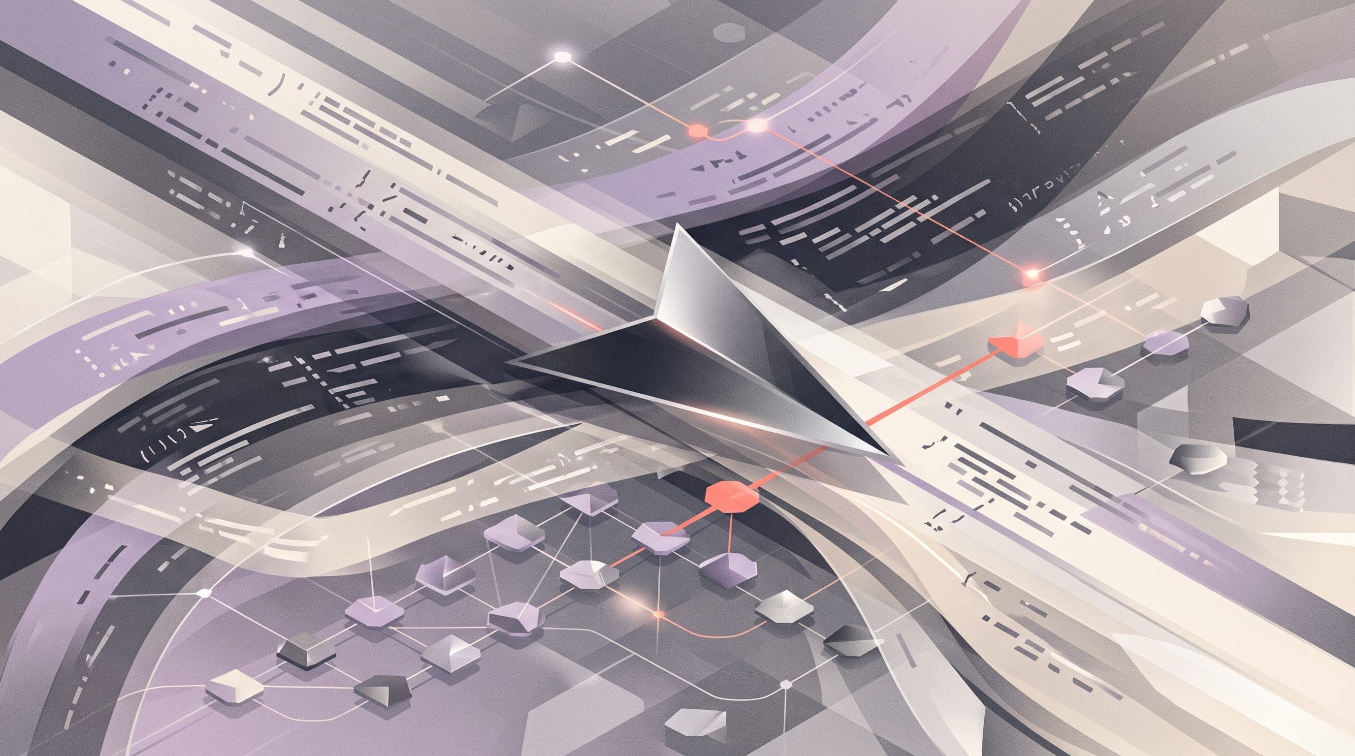 A sleek angular wedge shape gliding over layered translucent code-line ribbons and small connected node tiles in graphite, silver, soft violet and warm off-white with a coral accent, representing Cursor connecting to external tools through MCP