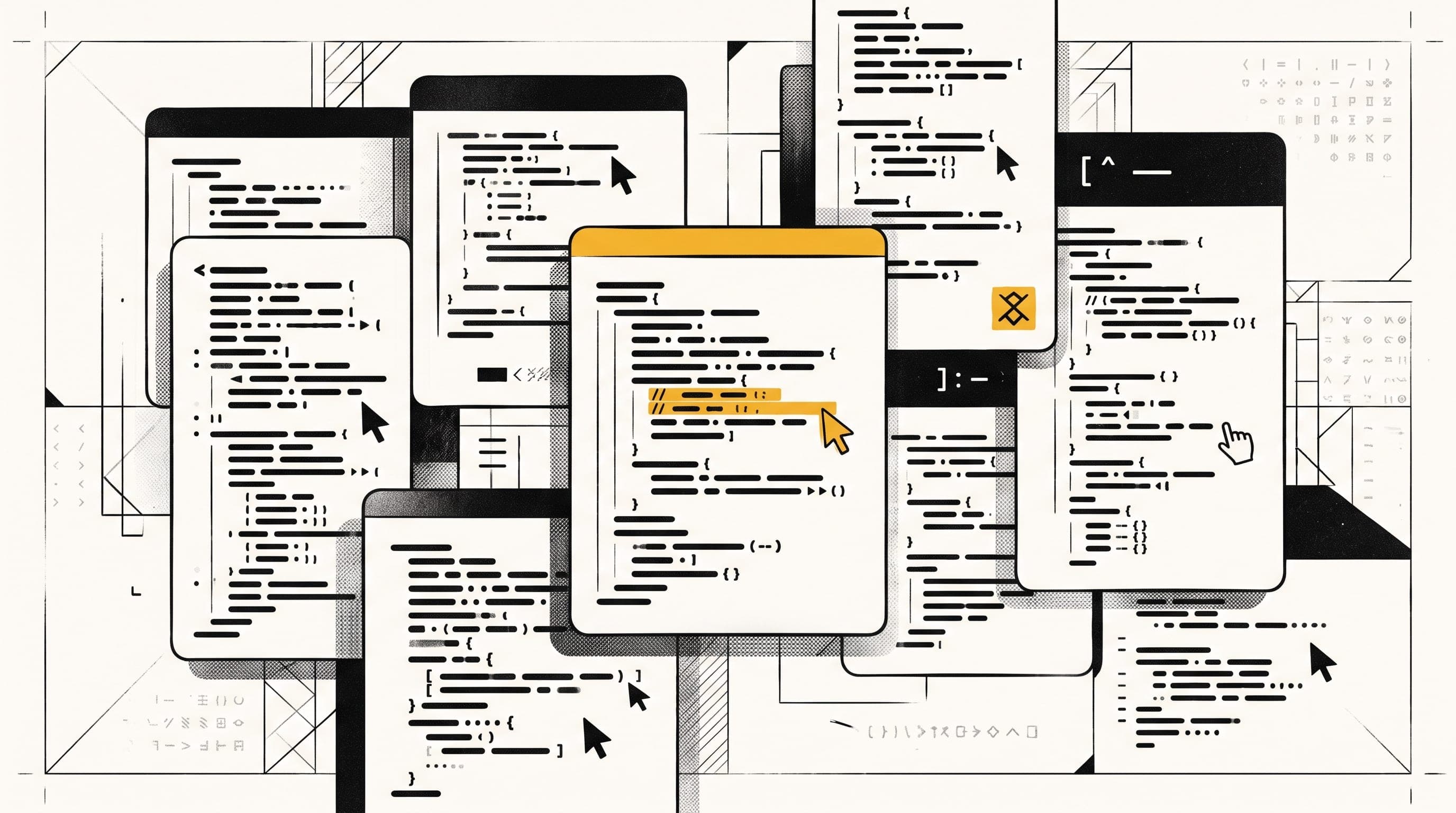 Abstract editorial illustration of overlapping article cards with code-line strokes and cursor shapes, rendered in monochrome black and white with a single warm yellow accent, representing Dev.to's community feed