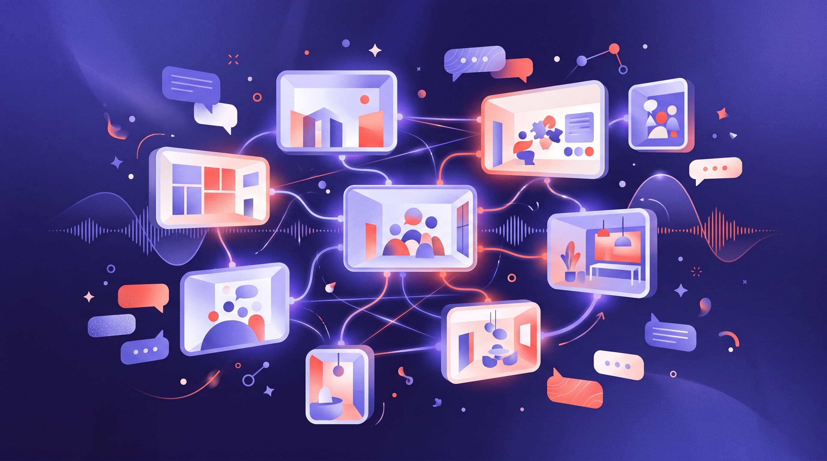 Abstract editorial illustration of interconnected rounded room-like community cards linked by glowing lines, with chat bubbles and voice waveforms in blurple and indigo tones, representing Discord's server and channel model