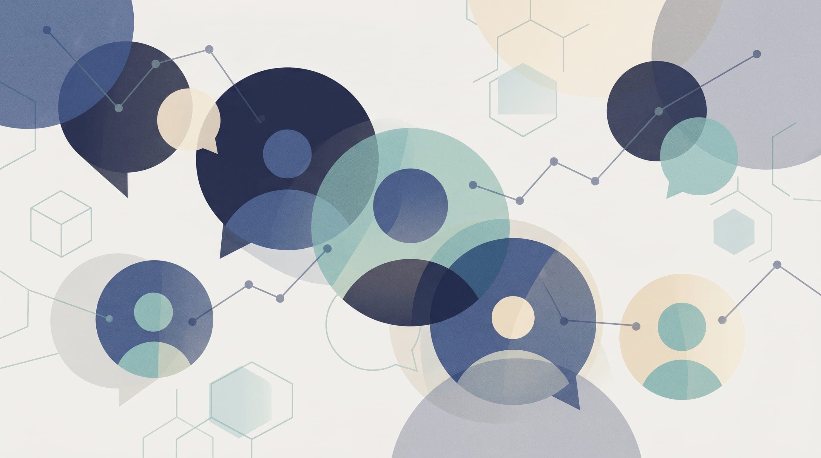 Editorial illustration of overlapping community circles connected by line constellations in muted blue, teal, and cream tones, representing Facebook's Groups and network