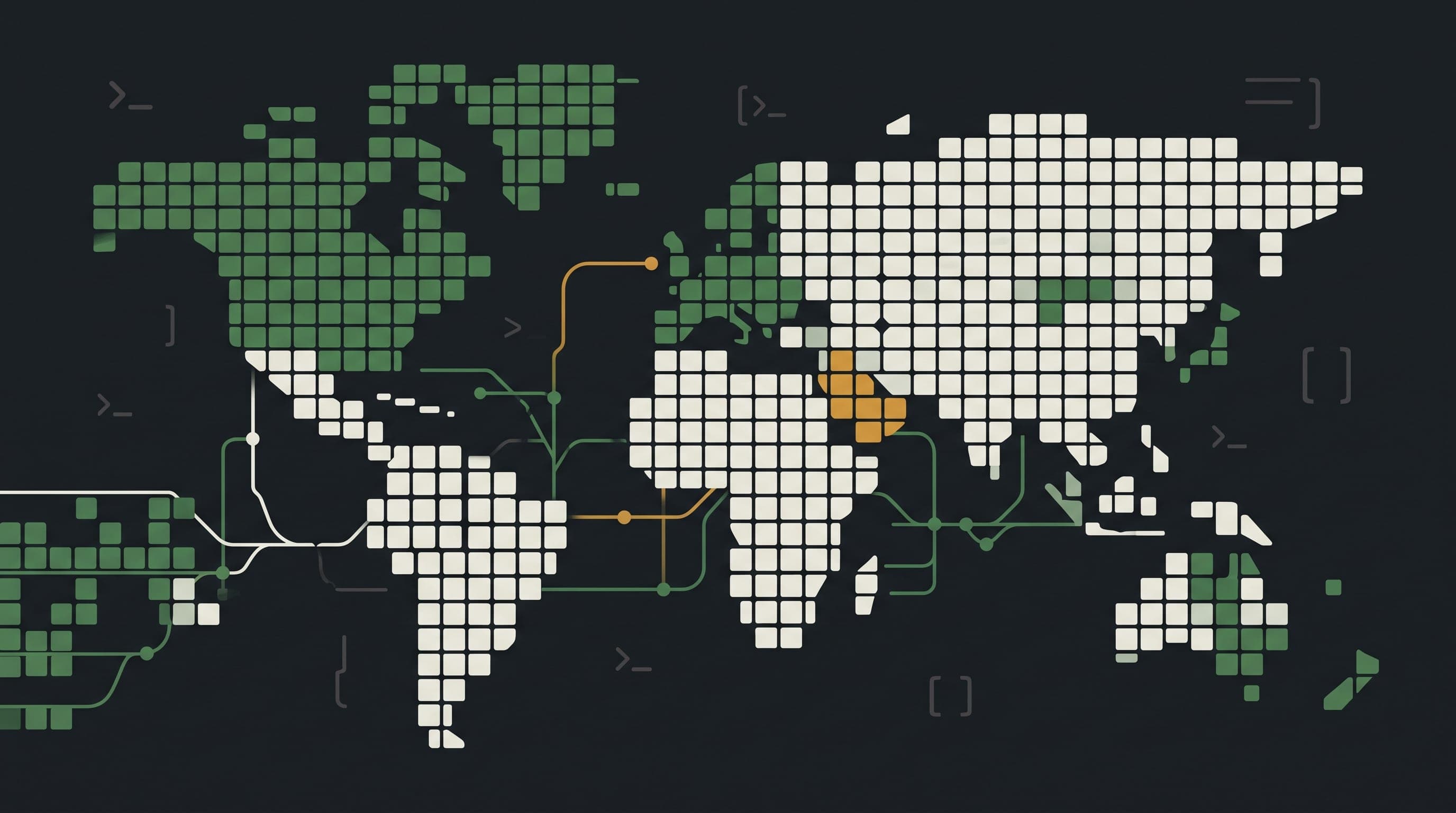 Editorial illustration of overlapping contribution-graph squares and abstract branching commit lines in charcoal, paper-white, and green tones, representing GitHub's collaboration platform