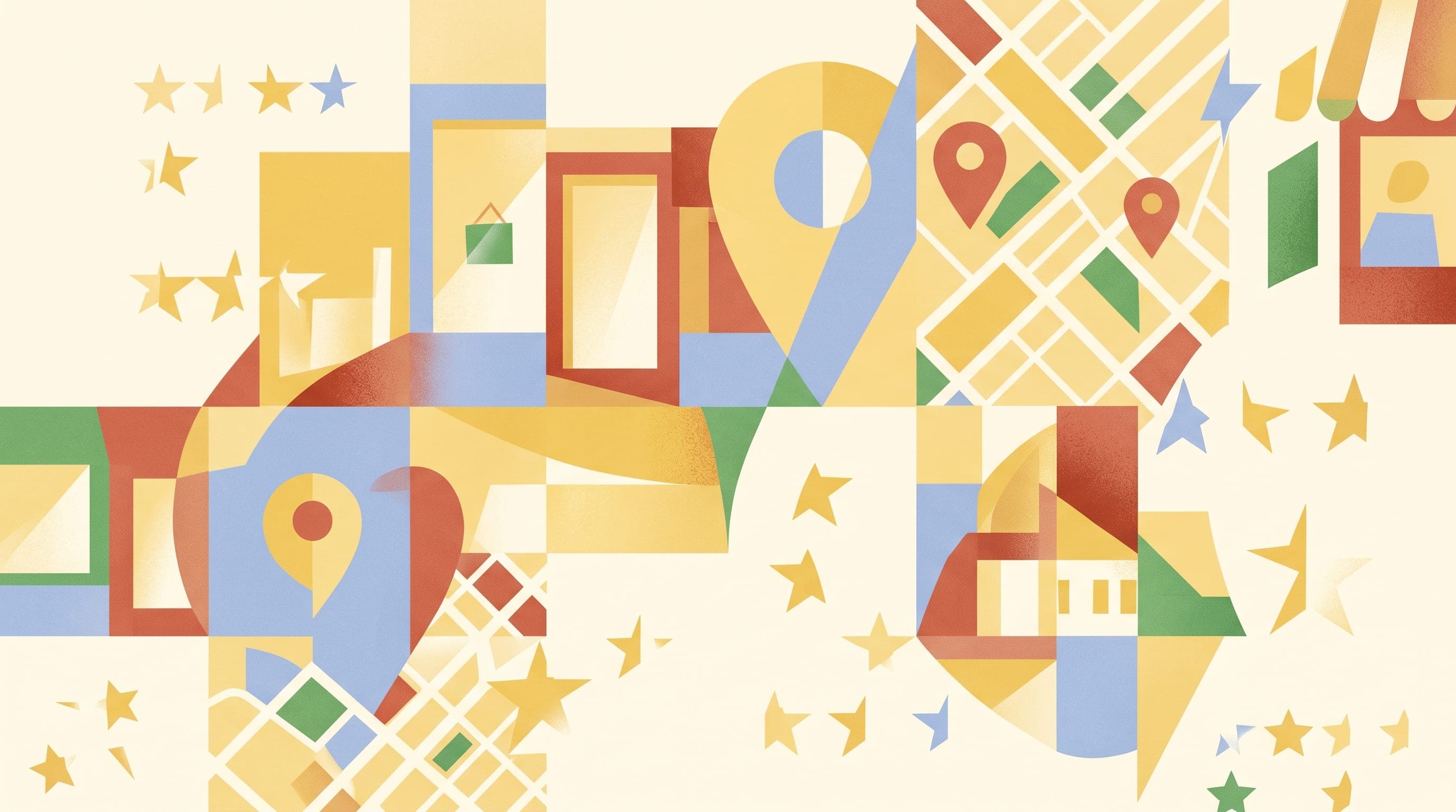 Editorial illustration of abstract storefront windows intersected by map-pin geometry and grid-line motifs in butter yellow, blue, terracotta and green tones, representing local business discovery on Google Maps