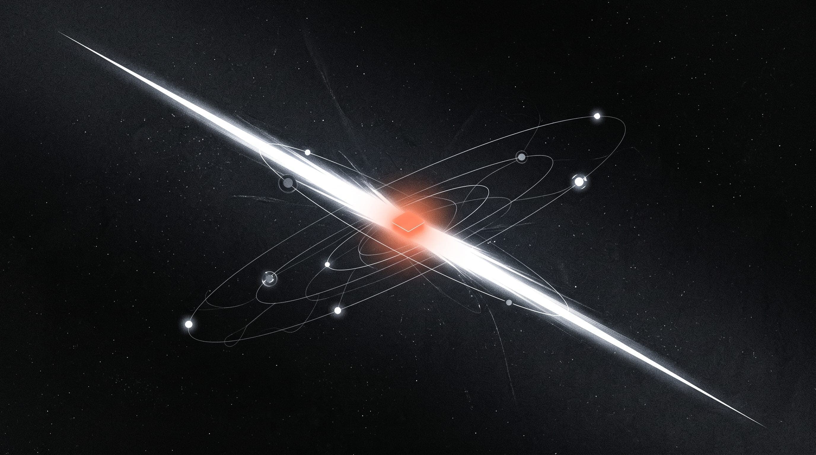 A bold diagonal streak of white light cutting across deep black space, with a small glowing coral cube at its centre and thin orbit lines linking distant nodes, representing Grok Bot's persistent cloud agent connecting to remote tools