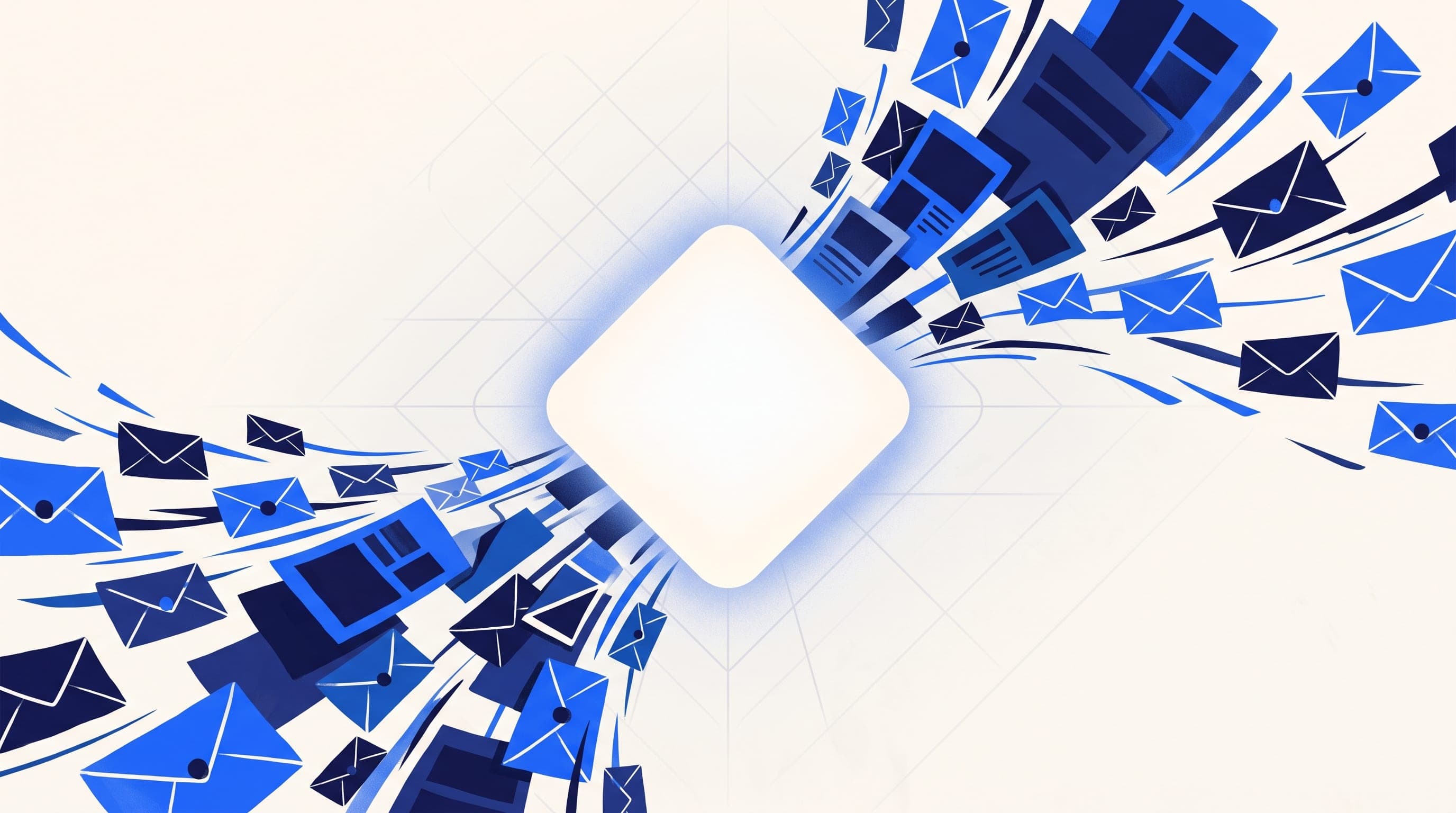 Abstract editorial illustration of a single elegant rounded diamond shape radiating article cards and newsletter envelopes over a soft grid in vivid blue and navy tones, representing Hashnode's own-domain blogging platform
