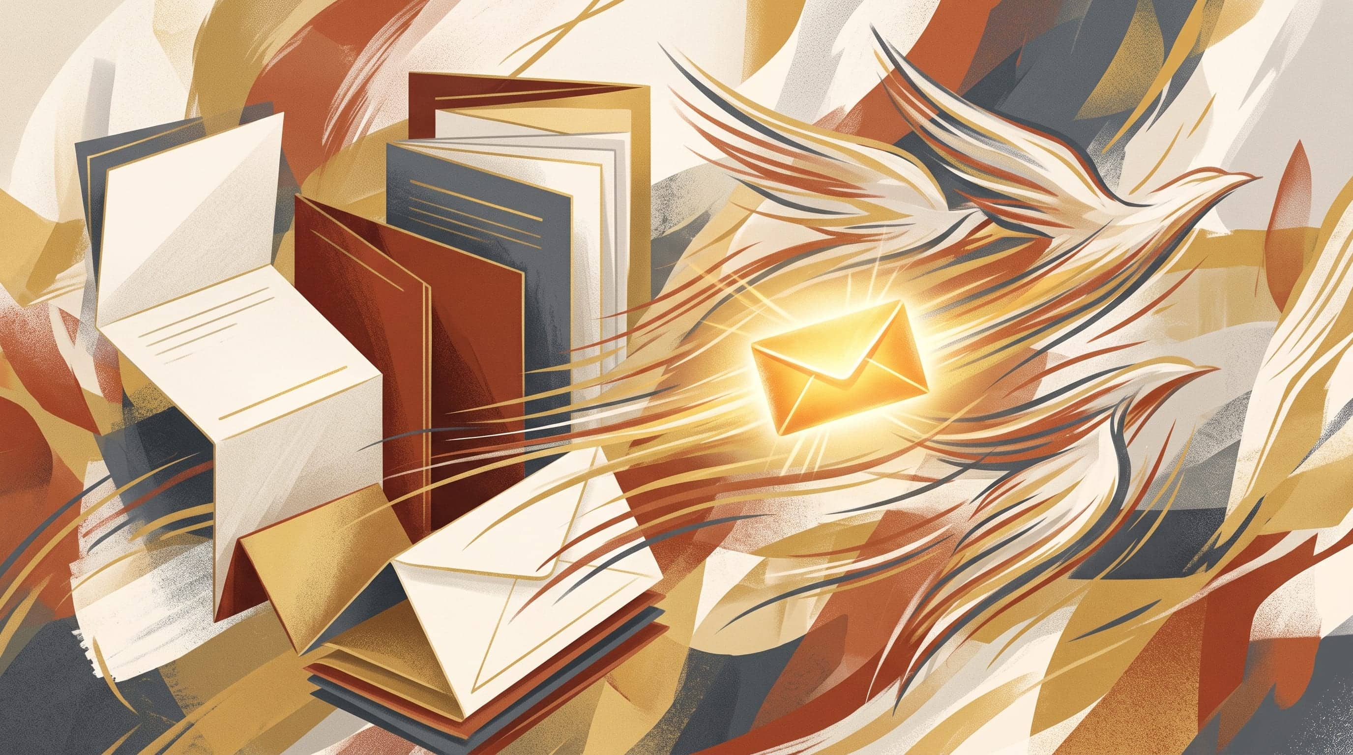 Swift winged shapes and streaked motion lines carrying a small glowing envelope past folded document cards, in ivory, gold, terracotta and slate, representing Hermes Agent moving messages between tools