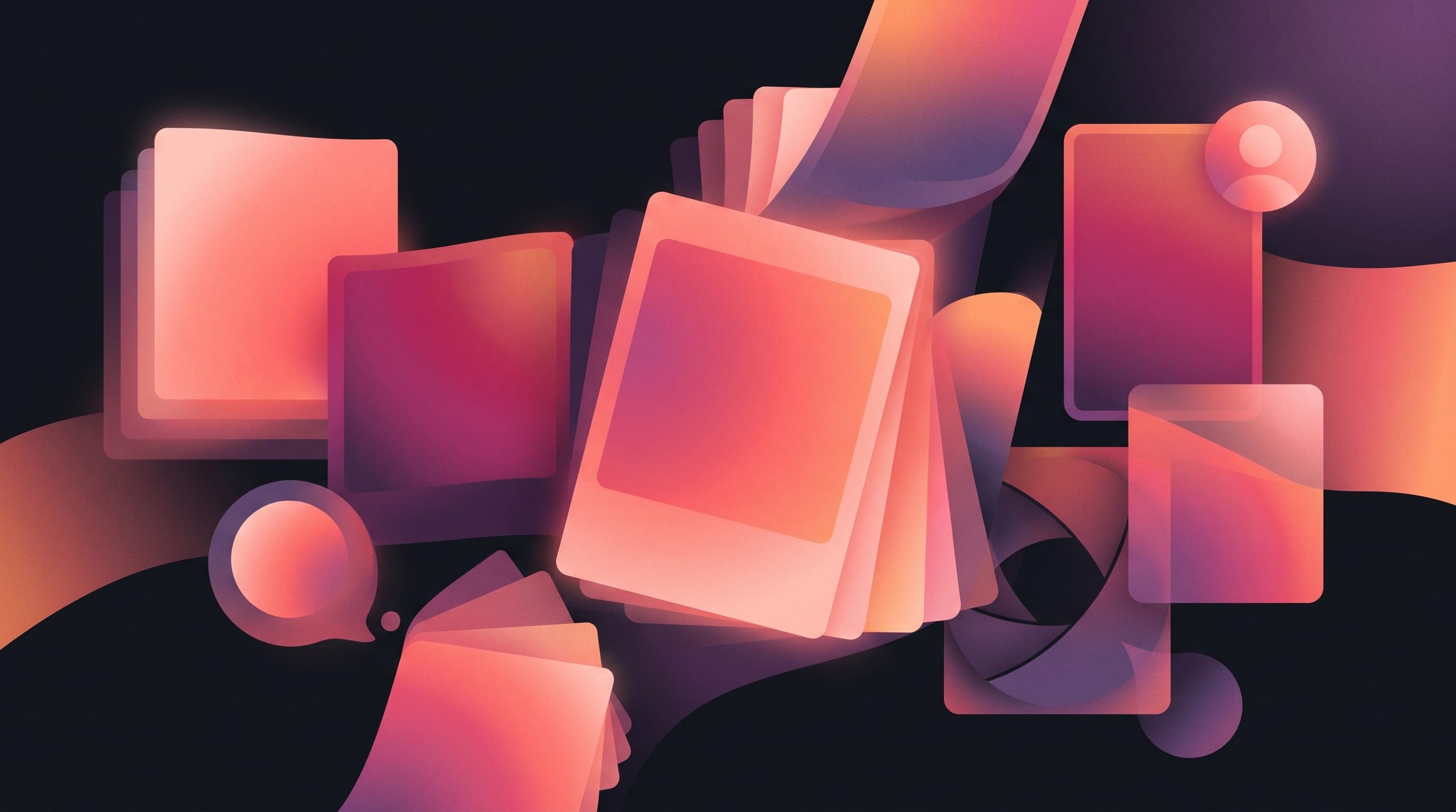 Editorial illustration of overlapping photo frames, carousel slides, and a camera-shutter aperture in coral, magenta and orange tones representing Instagram's visual ecosystem