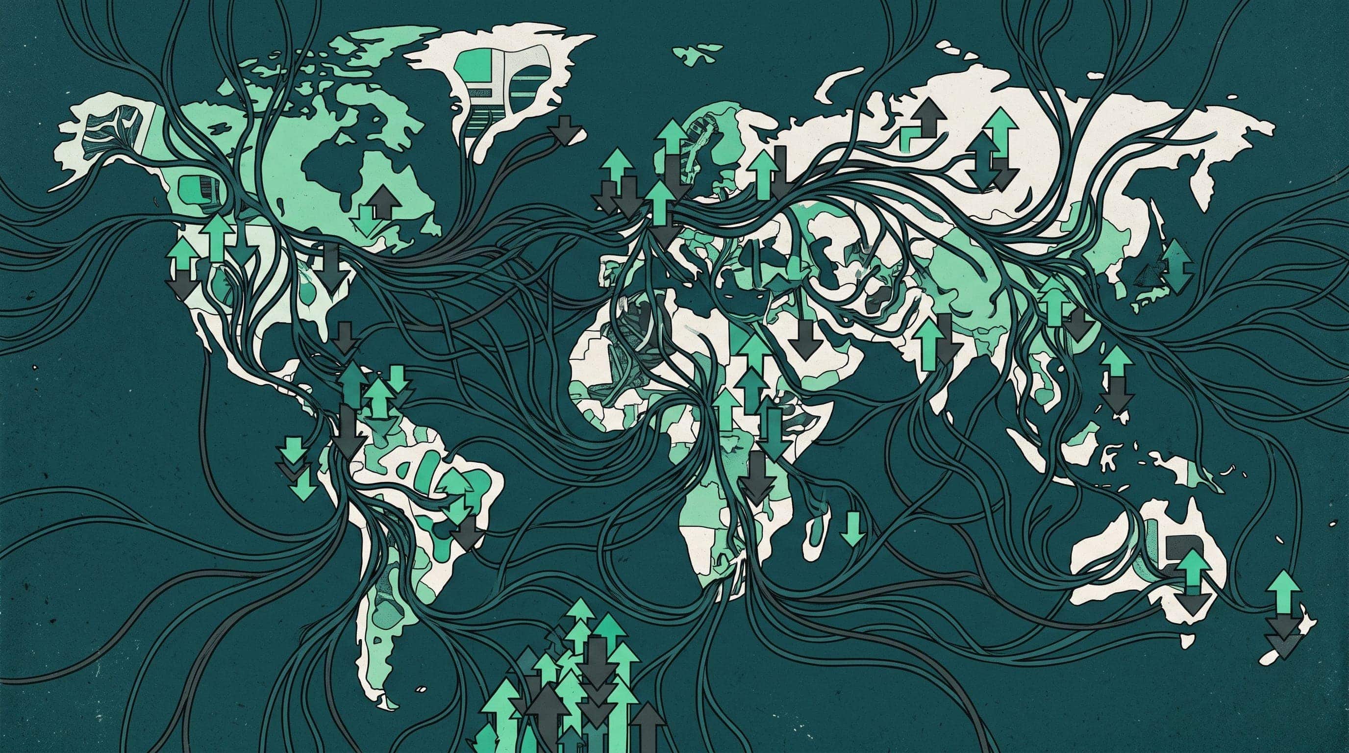 Abstract editorial illustration of stacked voting arrows and threaded comment lines branching like roots between small independent islands in dark teal, mint green, and charcoal tones
