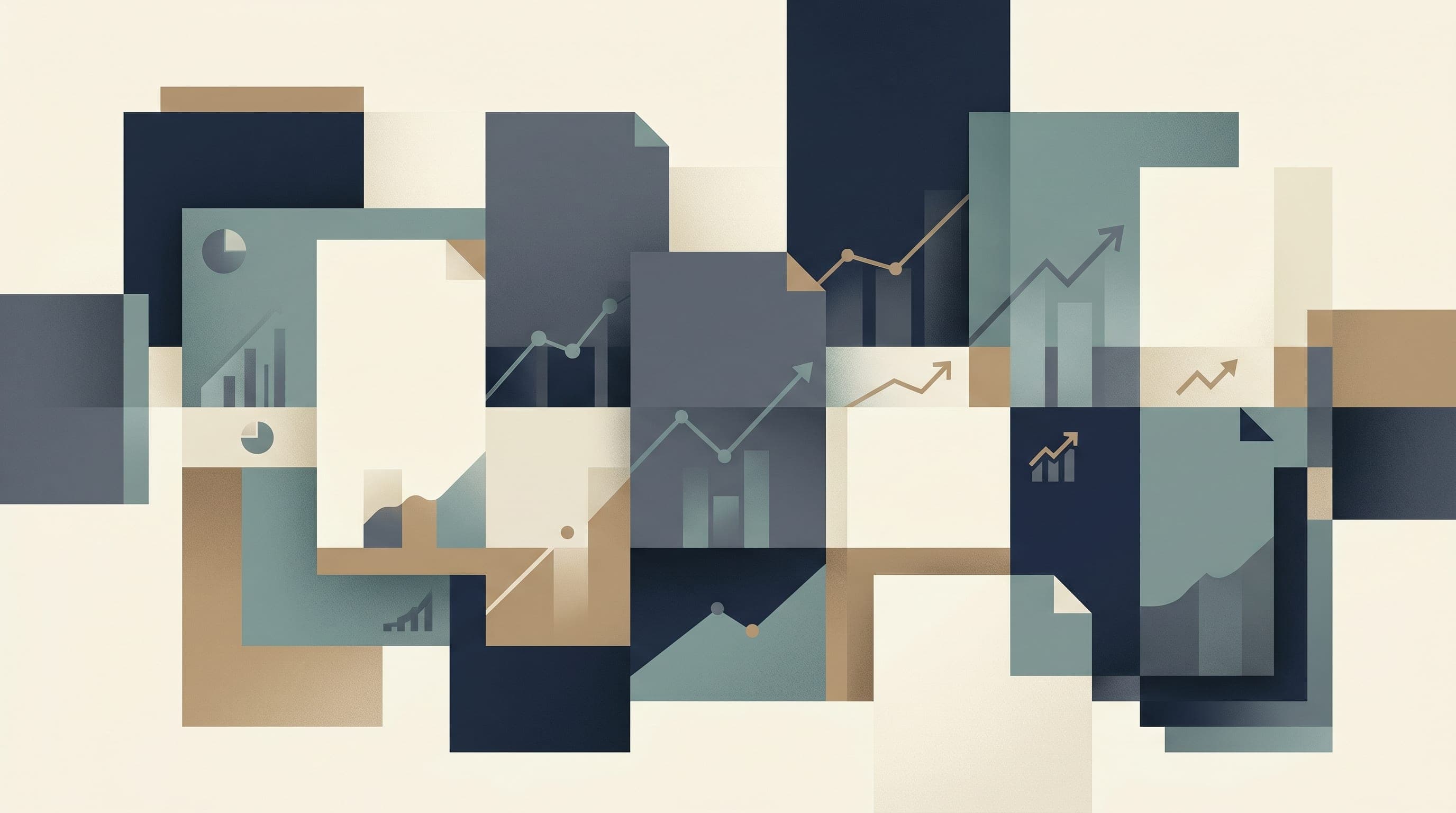 Editorial illustration of layered document cards and structured grid surfaces in slate, navy, and ivory tones, representing LinkedIn's professional network