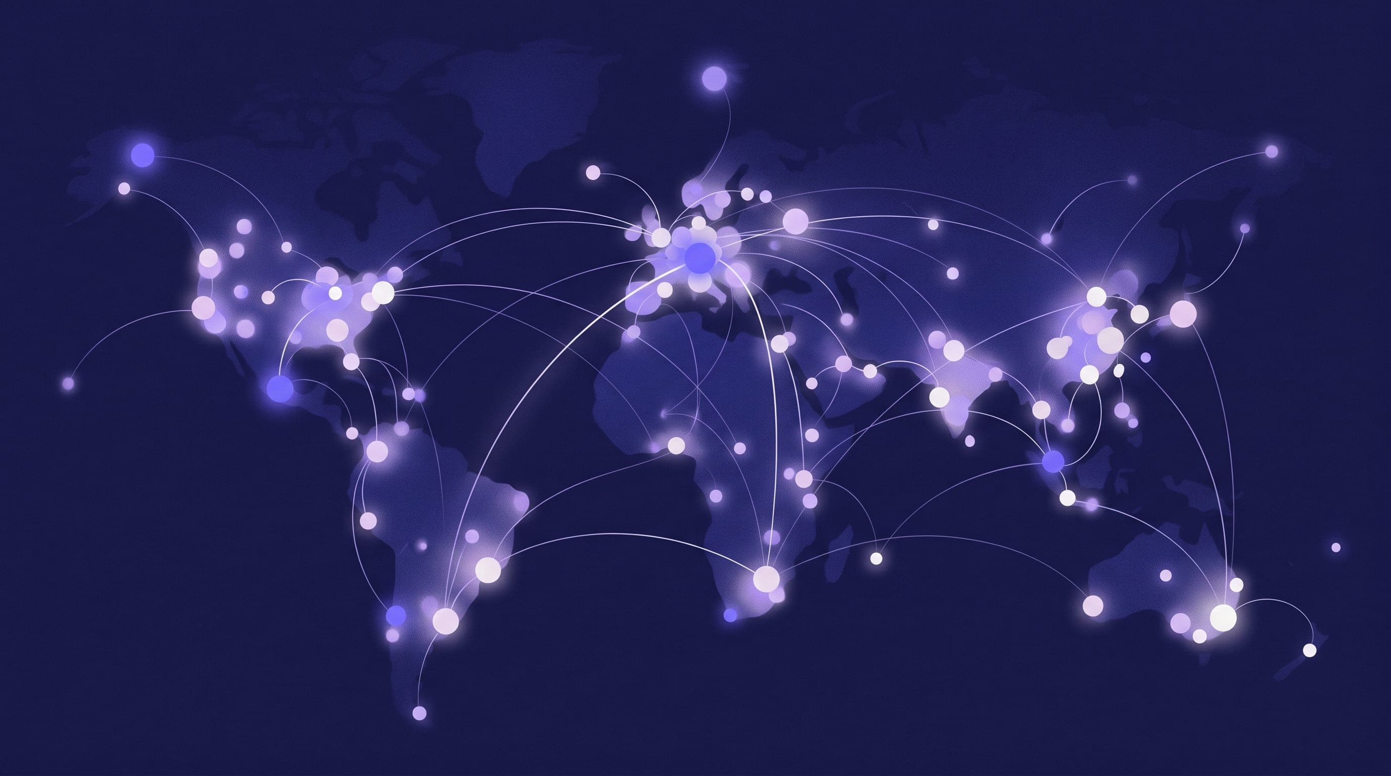 Abstract editorial illustration of many independent glowing nodes of different sizes connected by delicate arcing lines across a deep indigo field with violet and lavender tones, representing a decentralized federation with no central hub