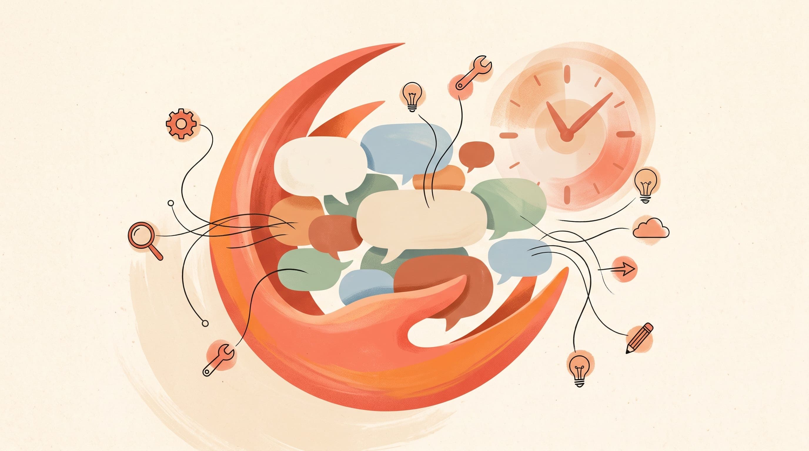 A warm coral and orange stylised claw curve embracing a cluster of rounded chat bubbles, with thin lines connecting to small tool icons and a soft clock, on a cream background, representing OpenClaw routing chat messages to tools and scheduled automations