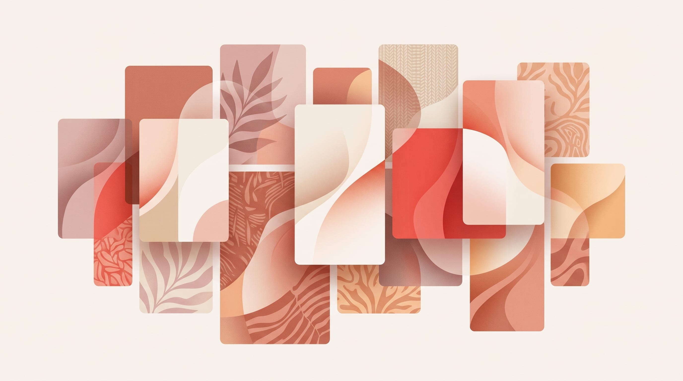 Editorial illustration of overlapping rectangular pin-board cards in dusty rose, terracotta, cream, and coral tones, representing Pinterest's visual moodboard format
