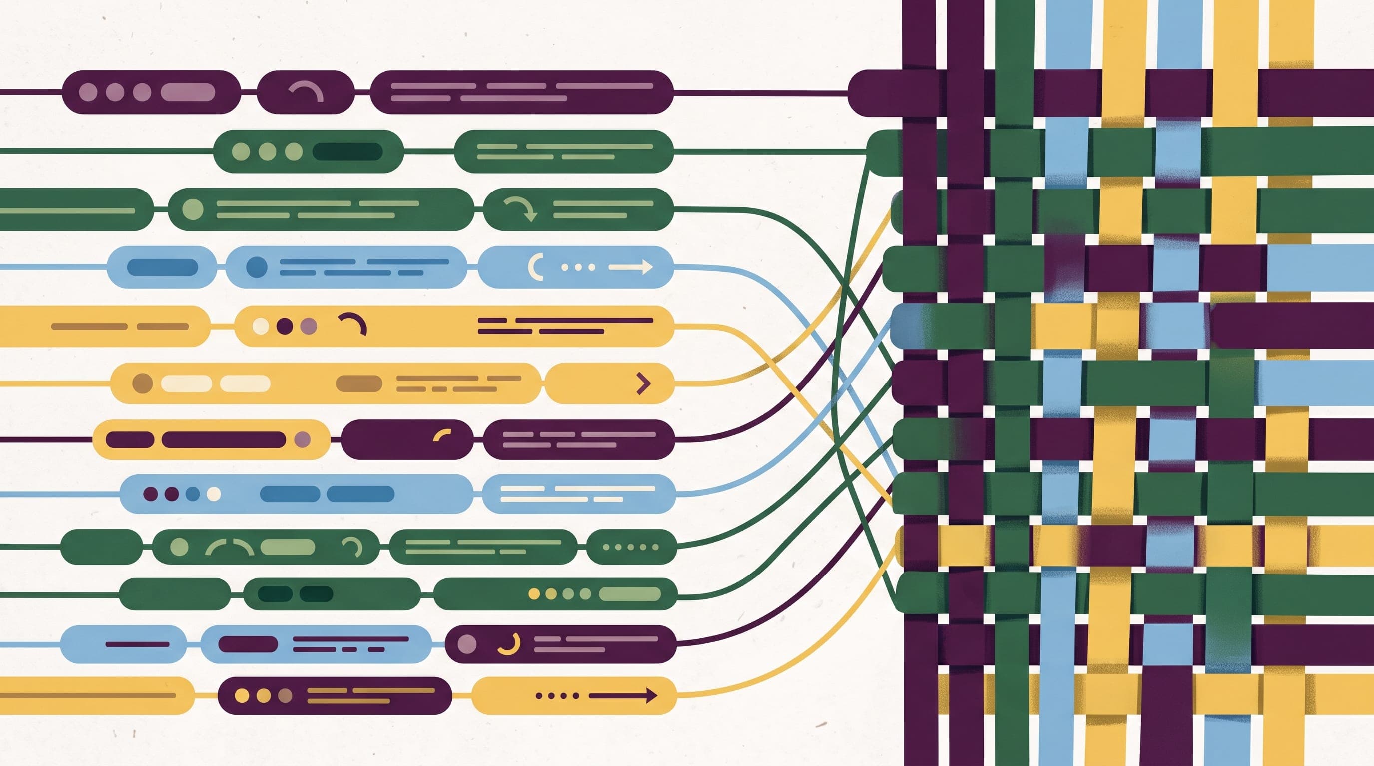 Abstract editorial illustration of parallel horizontal streams of rounded message cards and thread lines converging into a woven grid in aubergine purple, green, sky blue, and yellow tones, representing Slack's channel and thread model