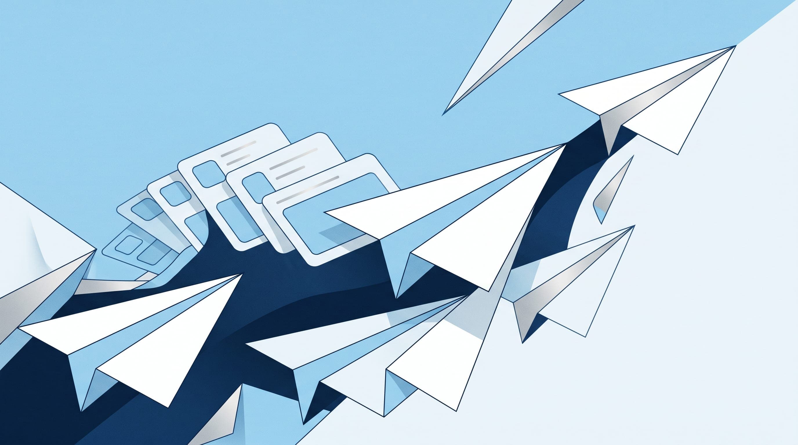 Editorial illustration of overlapping paper-plane silhouettes and broadcast-channel cards in sky-blue, navy, and paper-white tones, representing Telegram's messenger and Channels model