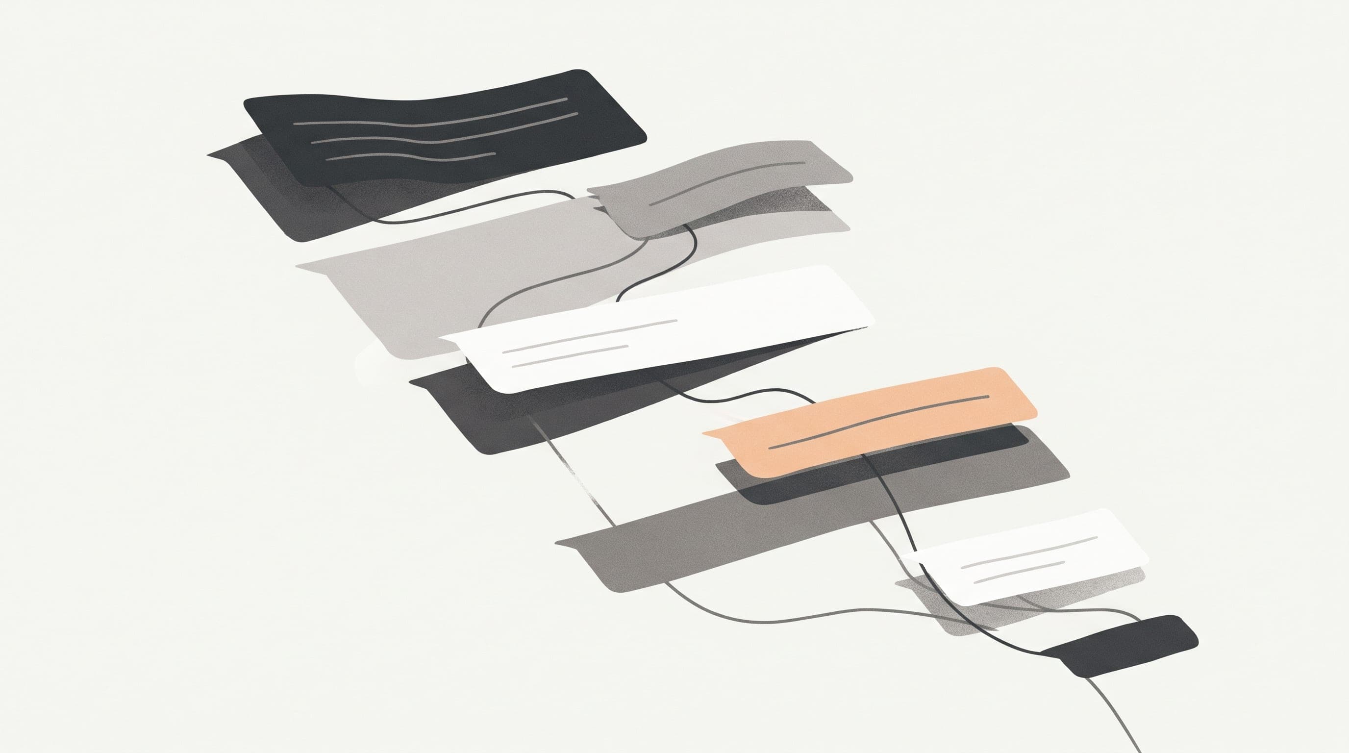 Editorial illustration of layered text-card silhouettes connected by threading lines in charcoal, grey, and warm peach, representing Threads' conversation graph