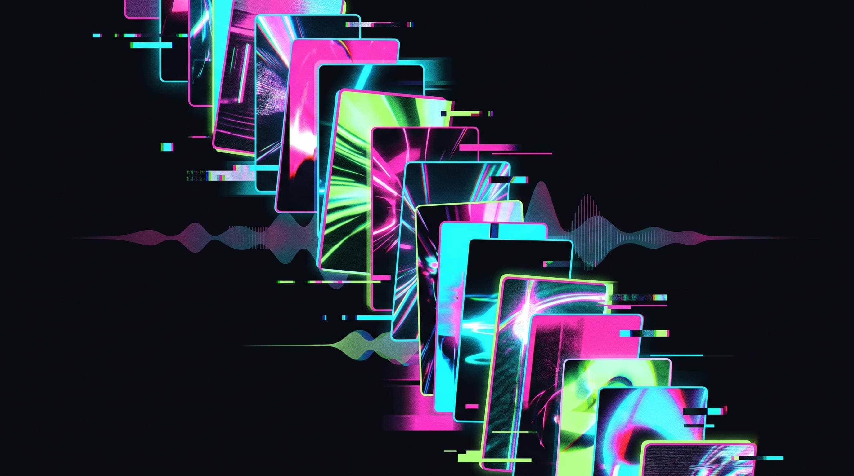 Editorial illustration of stacked vertical video frames in neon pink, cyan and lime green against black, suggesting TikTok's For You algorithmic feed