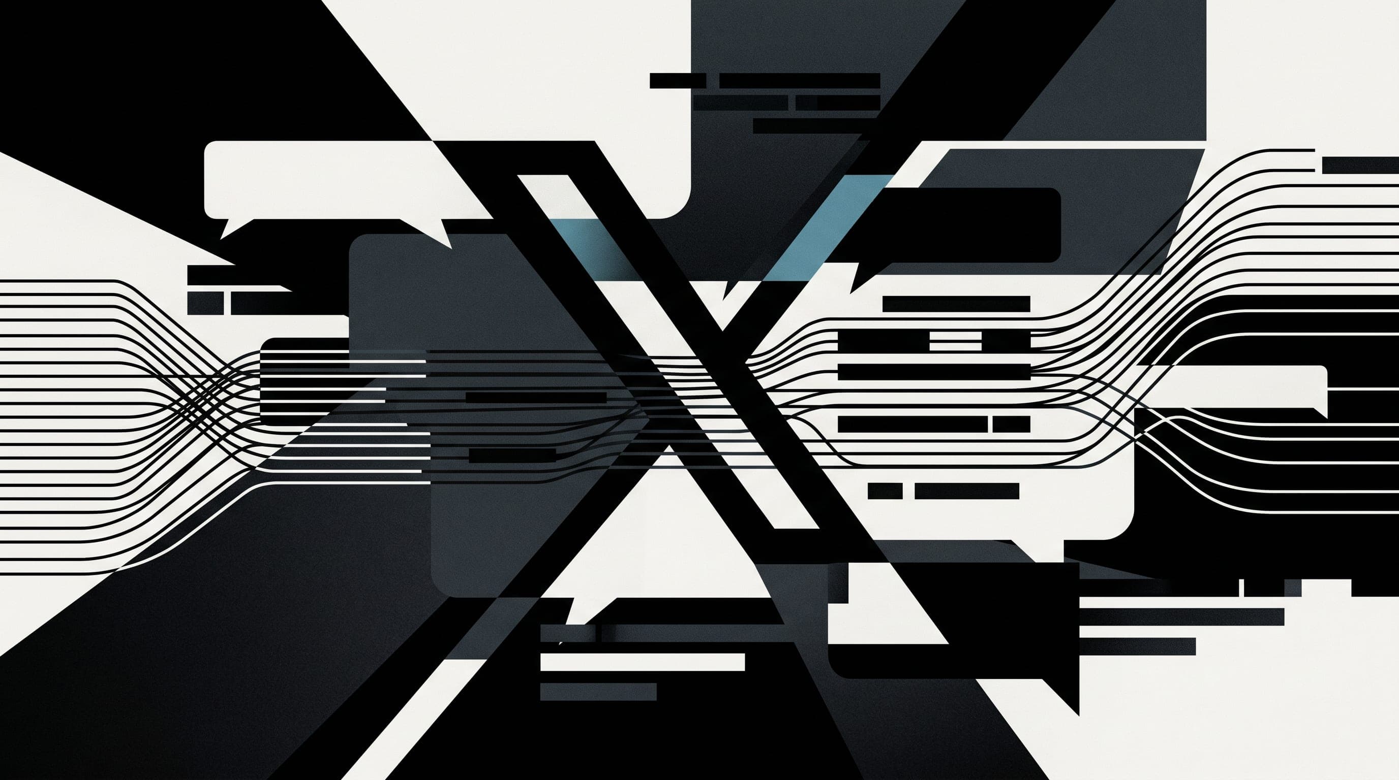Editorial illustration of fragmented speech-bubble shapes and threading lines in high-contrast black, charcoal, and paper-white, representing real-time conversation on X