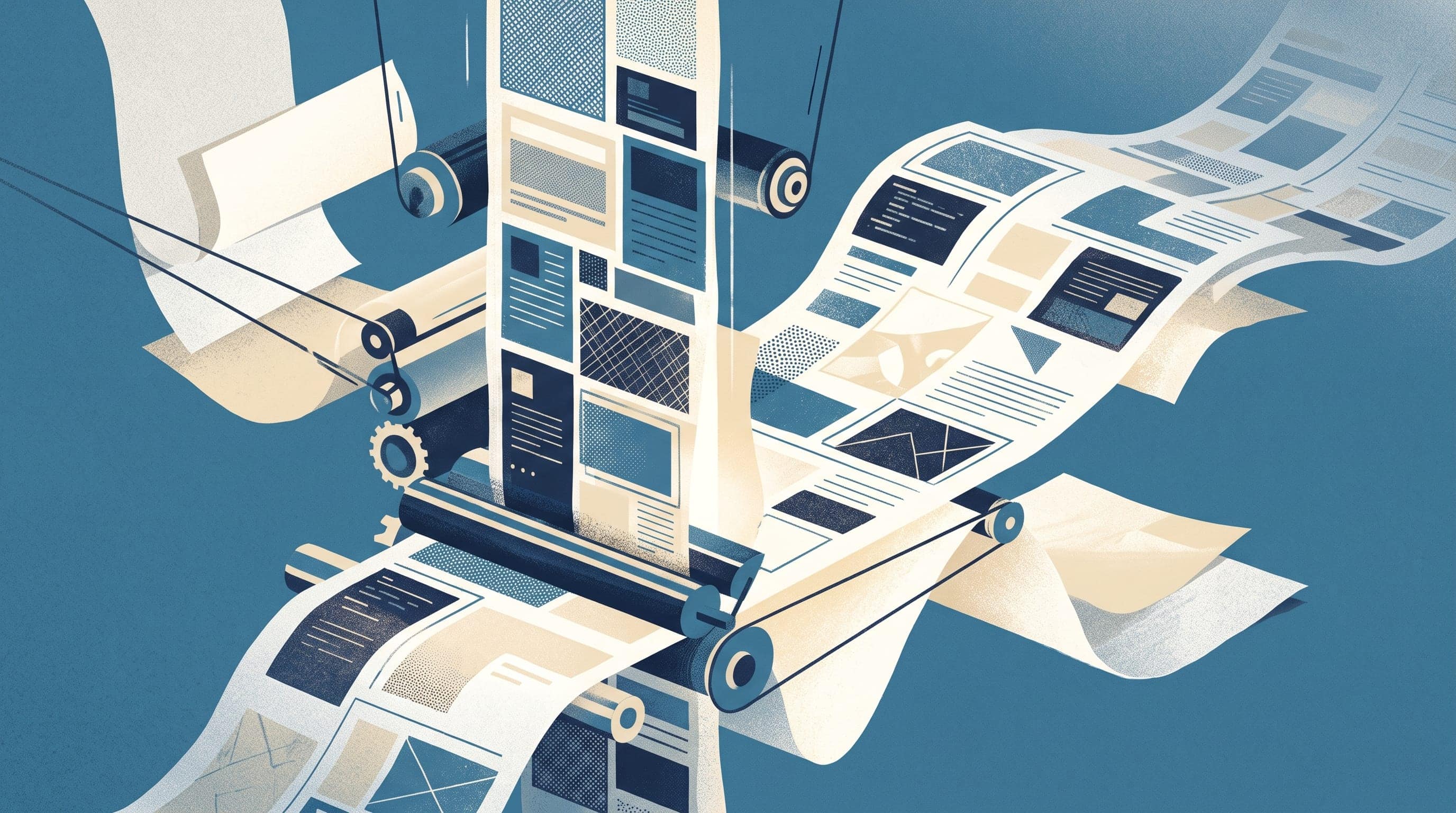 Abstract editorial illustration of layered stacked content blocks assembling into a large publishing page, with printing-press-inspired rollers and paper sheets rendered in slate blue, navy and warm cream tones