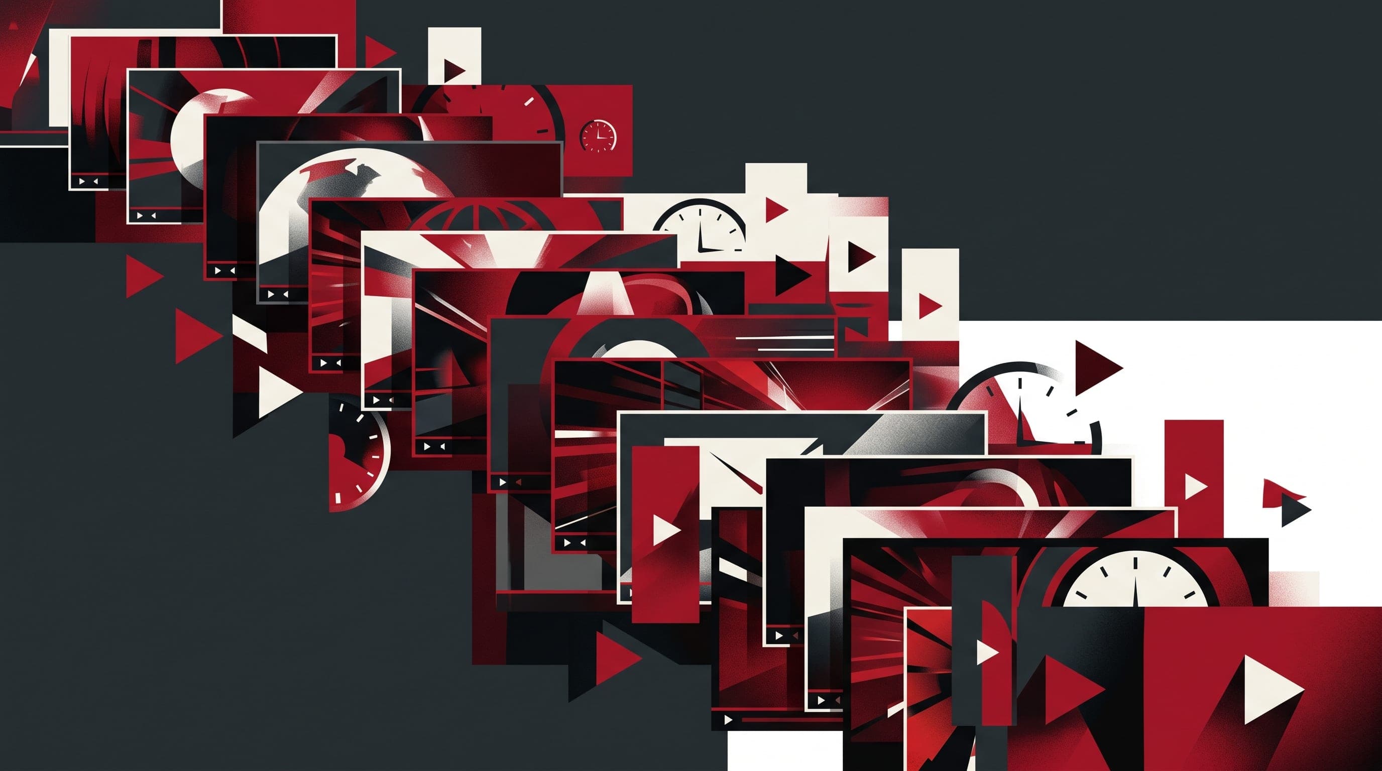 Editorial illustration of stacked horizontal video frames intersected by triangular play-button geometry in crimson, charcoal, and ivory, representing YouTube long-form and Shorts