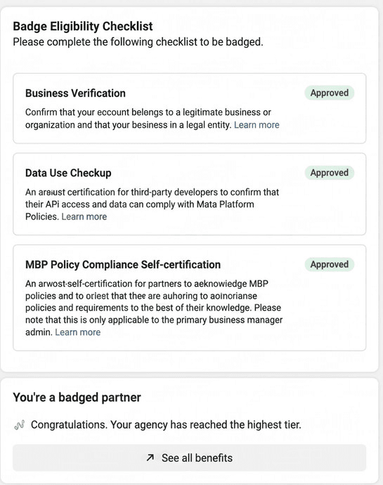 Meta Partner Center Badge Eligibility Checklist with Business Verification, Data Use Checkup, and MBP Policy Compliance Self-certification all approved