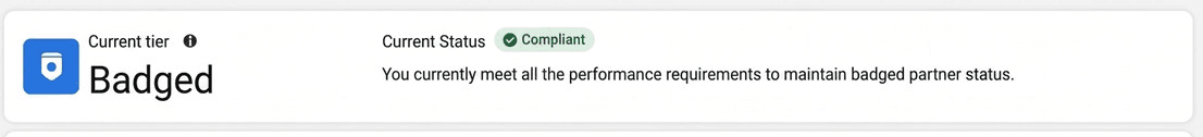Meta Partner Center status strip showing current tier Badged and current status Compliant