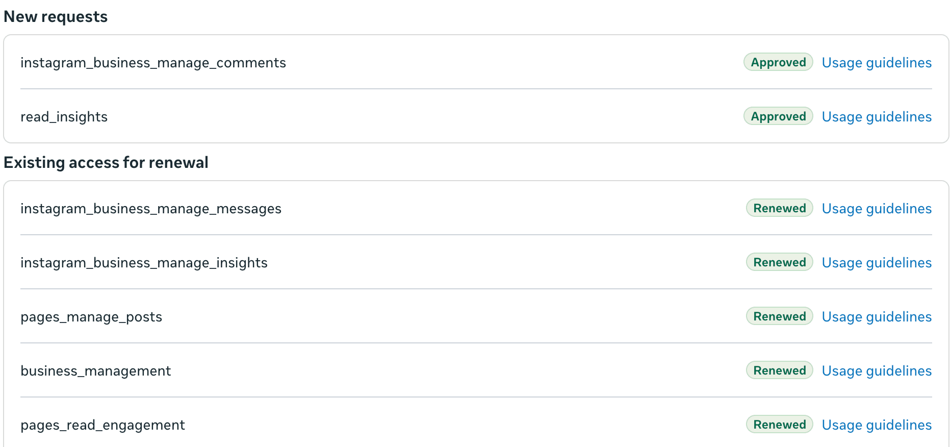 Permission-level App Review results for the posterly app: new requests approved and existing access renewed