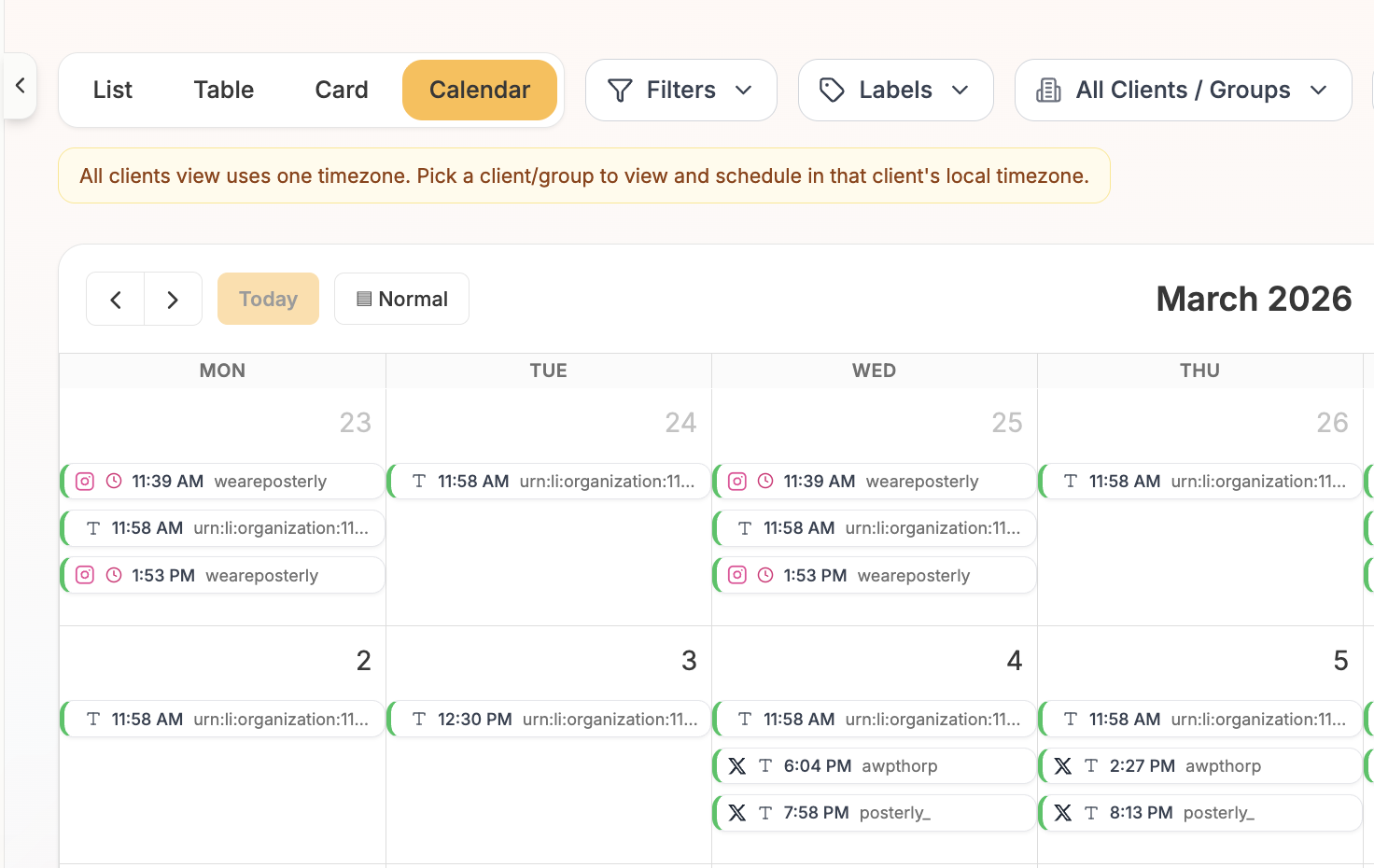 Post list view with platform filters