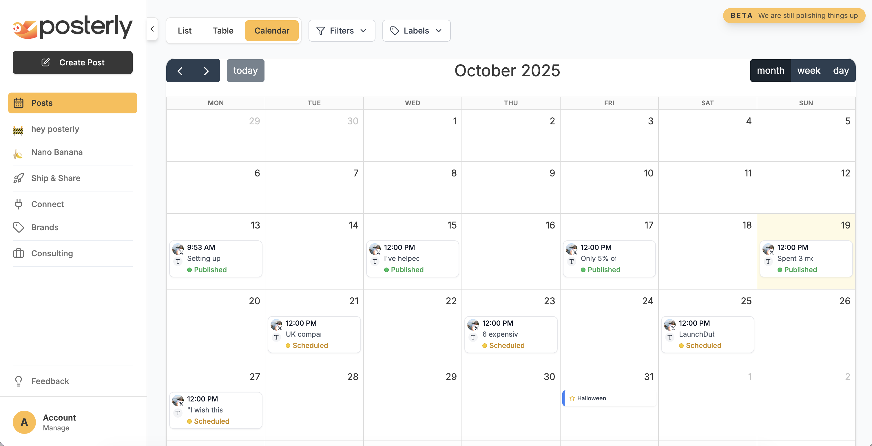 posterly calendar view with scheduled posts