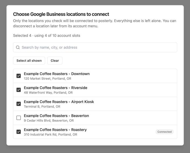The posterly picker for choosing which Google Business locations to connect, shown with sample locations