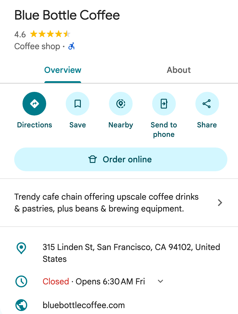A Google Maps search result showing an existing Business Profile with its name, rating, category, address, and hours