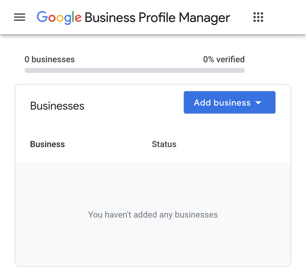 Google Business Profile Manager showing an empty Businesses list and the Add business button