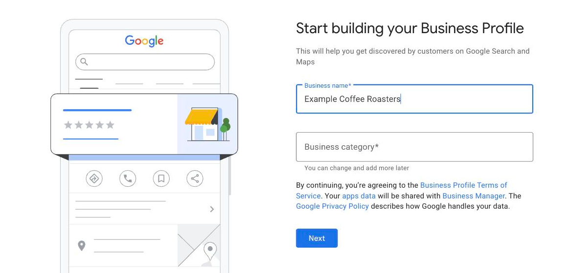 The business name field during Google Business Profile setup