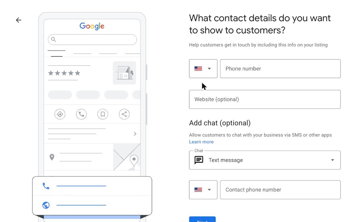 Adding a phone number and website during Google Business Profile setup