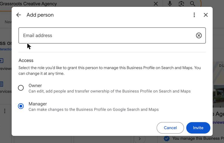 The People and access screen with the Add button and Owner or Manager access options